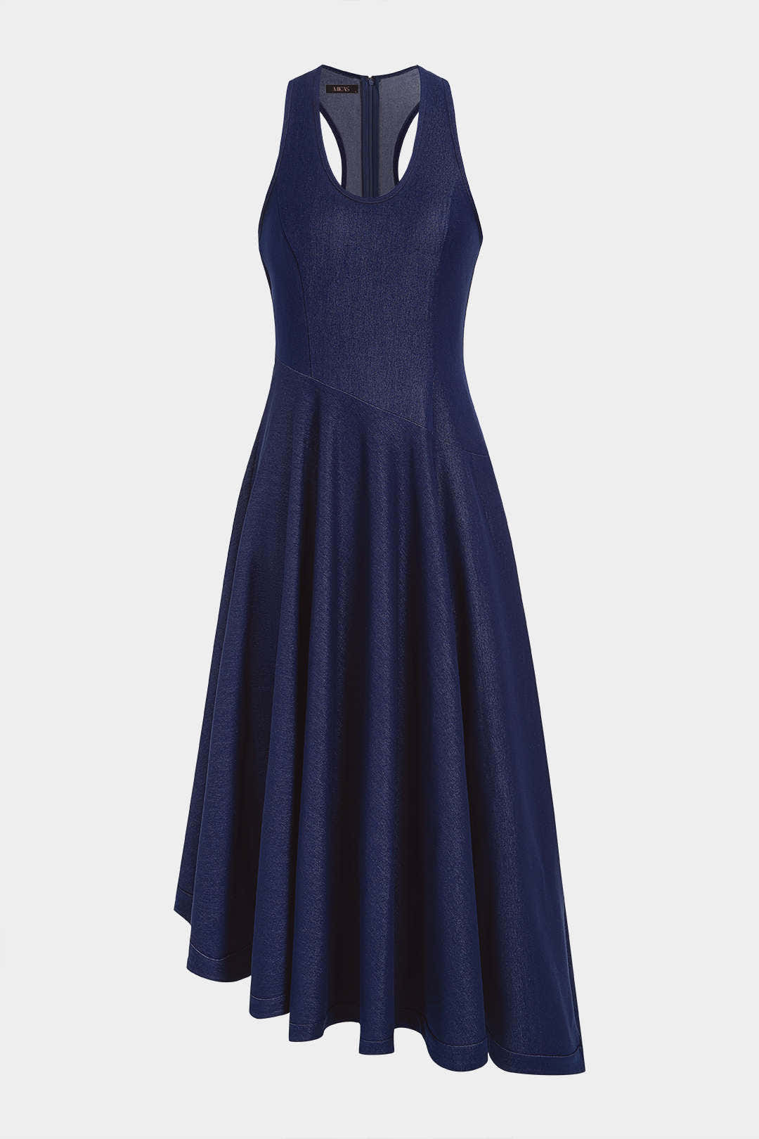 Denim Round Neck Asymmetrical Hem Ruched Sleeveless Midi Dress