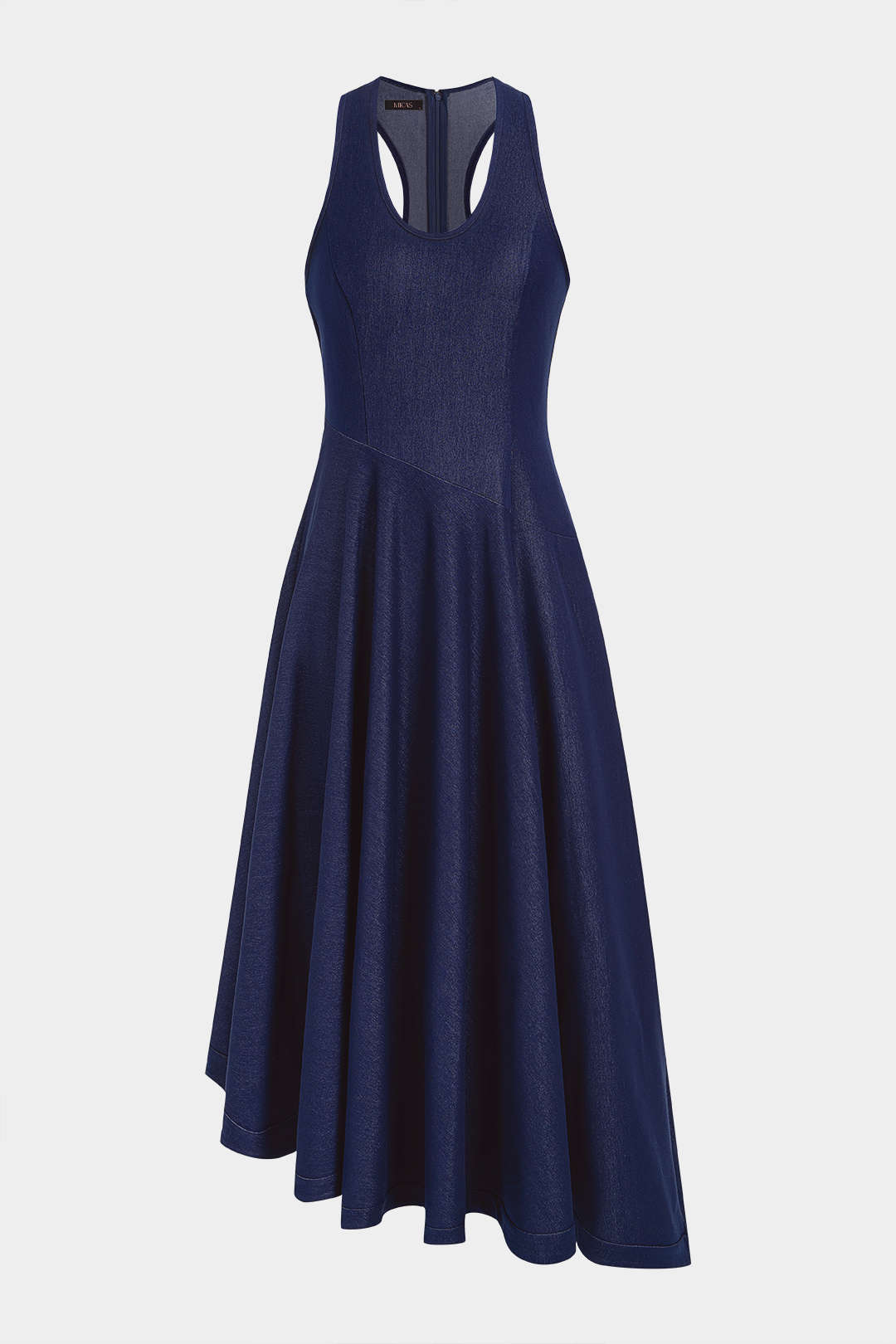 Denim Round Neck Asymmetrical Hem Ruched Sleeveless Midi Dress