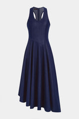 Denim Round Neck Asymmetrical Hem Ruched Sleeveless Midi Dress