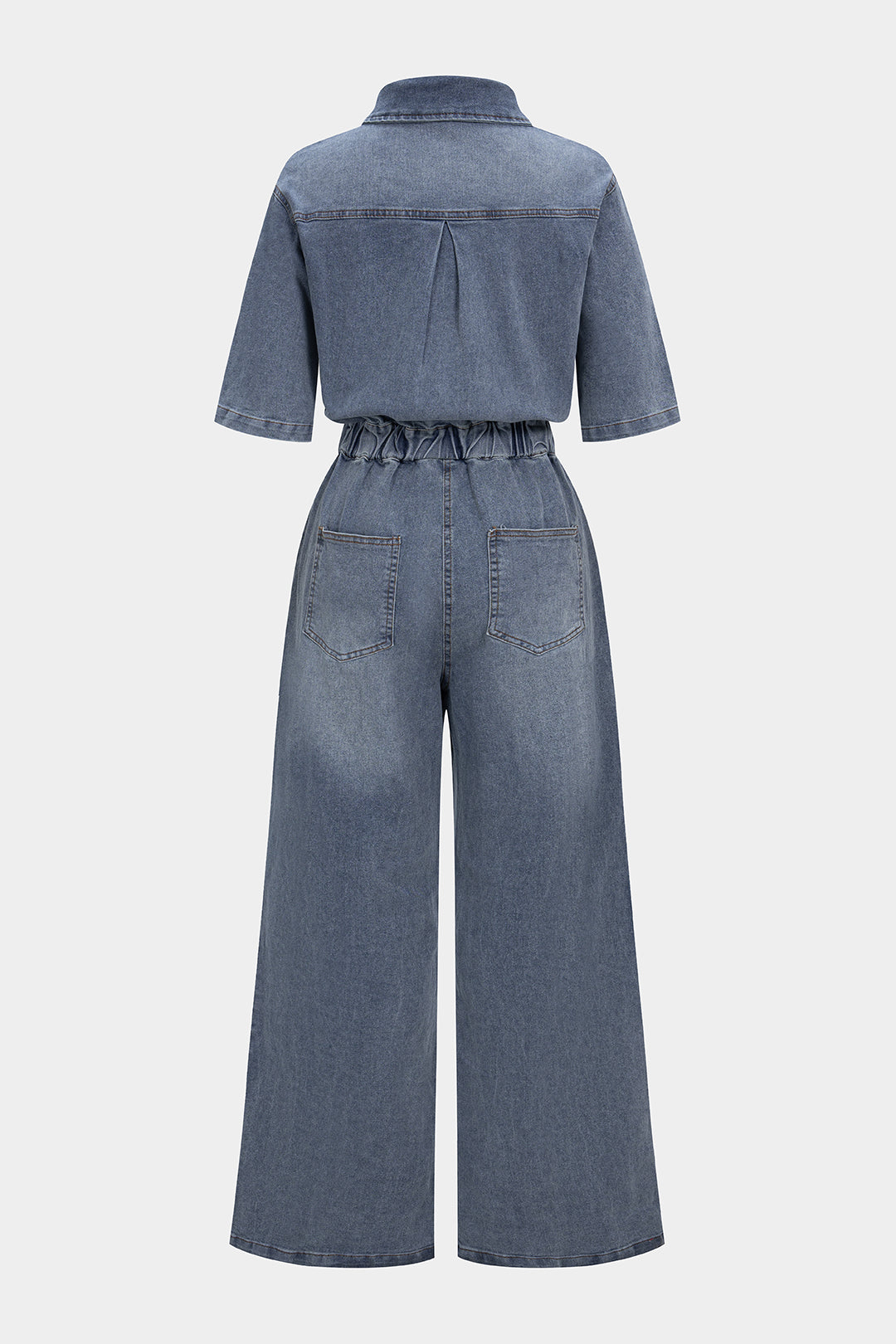 Denim Button Drawstring Pocket Short-Sleeve Jumpsuit