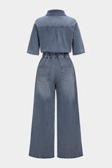 Denim Button Drawstring Pocket Short-Sleeve Jumpsuit