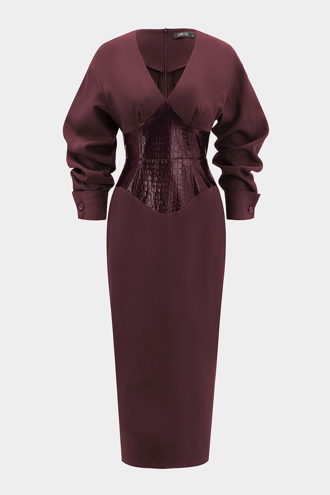 Crocodile Print Faux Leather Patchwork Long Sleeve Maxi Dress
