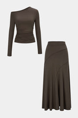 Asymmetrical Neck Long-Sleeve Top And Stitching Detail Skirt Set