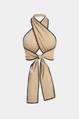 Contrast Binding Crossed Tie-Up Backless Tank Top