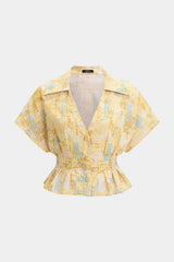 Artistic Print V-Neck Ruched Short Sleeve Top