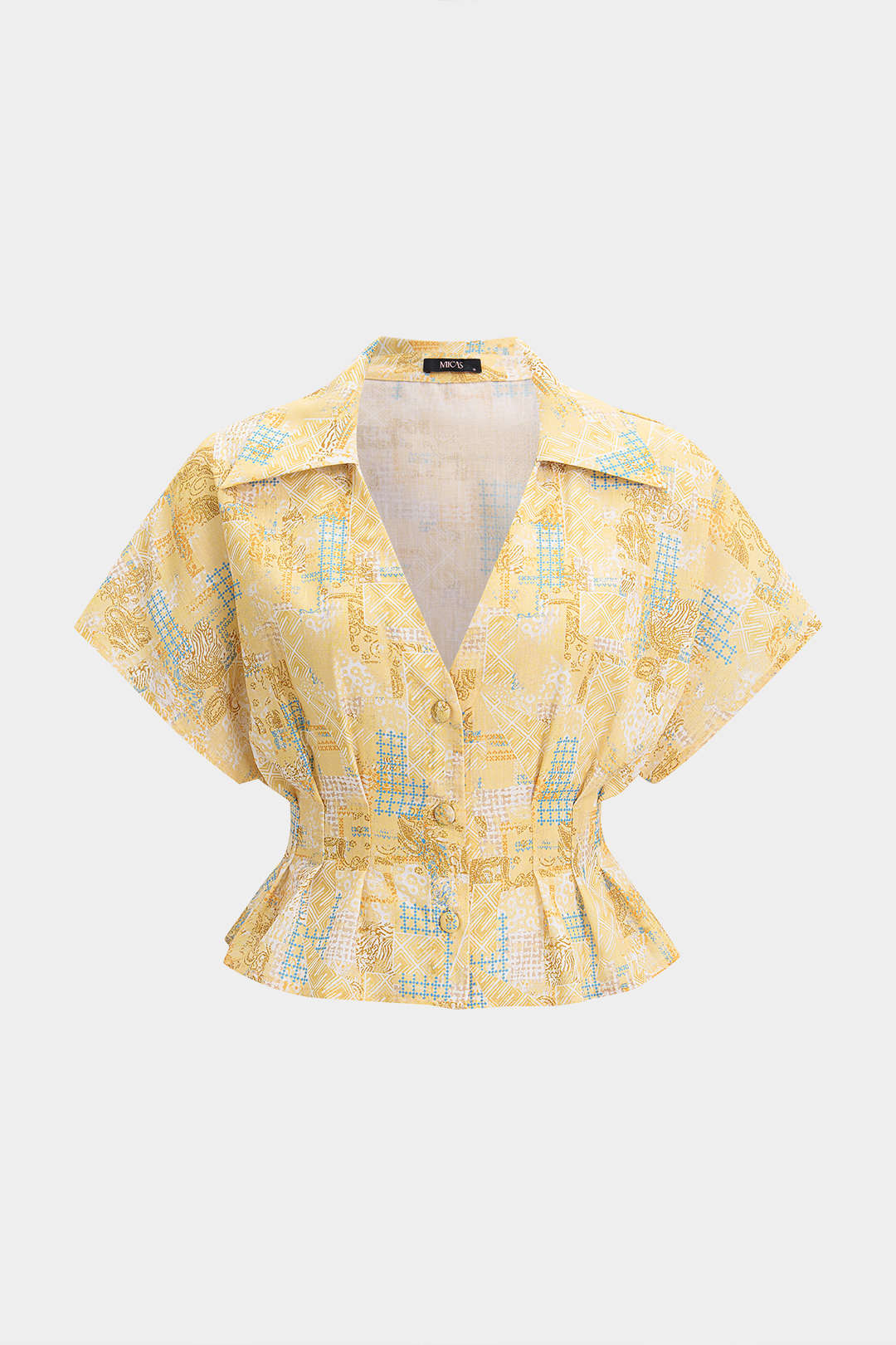 Artistic Print V-Neck Ruched Short Sleeve Top