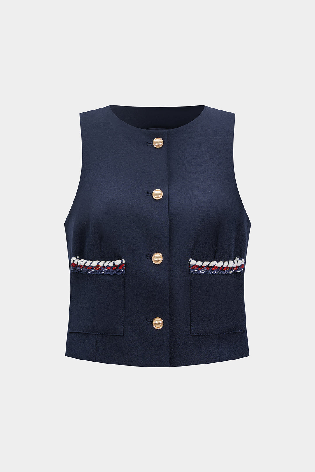 Contrast Pocket Round Neck Metallic Button Tank Top