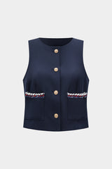 Contrast Pocket Round Neck Metallic Button Tank Top