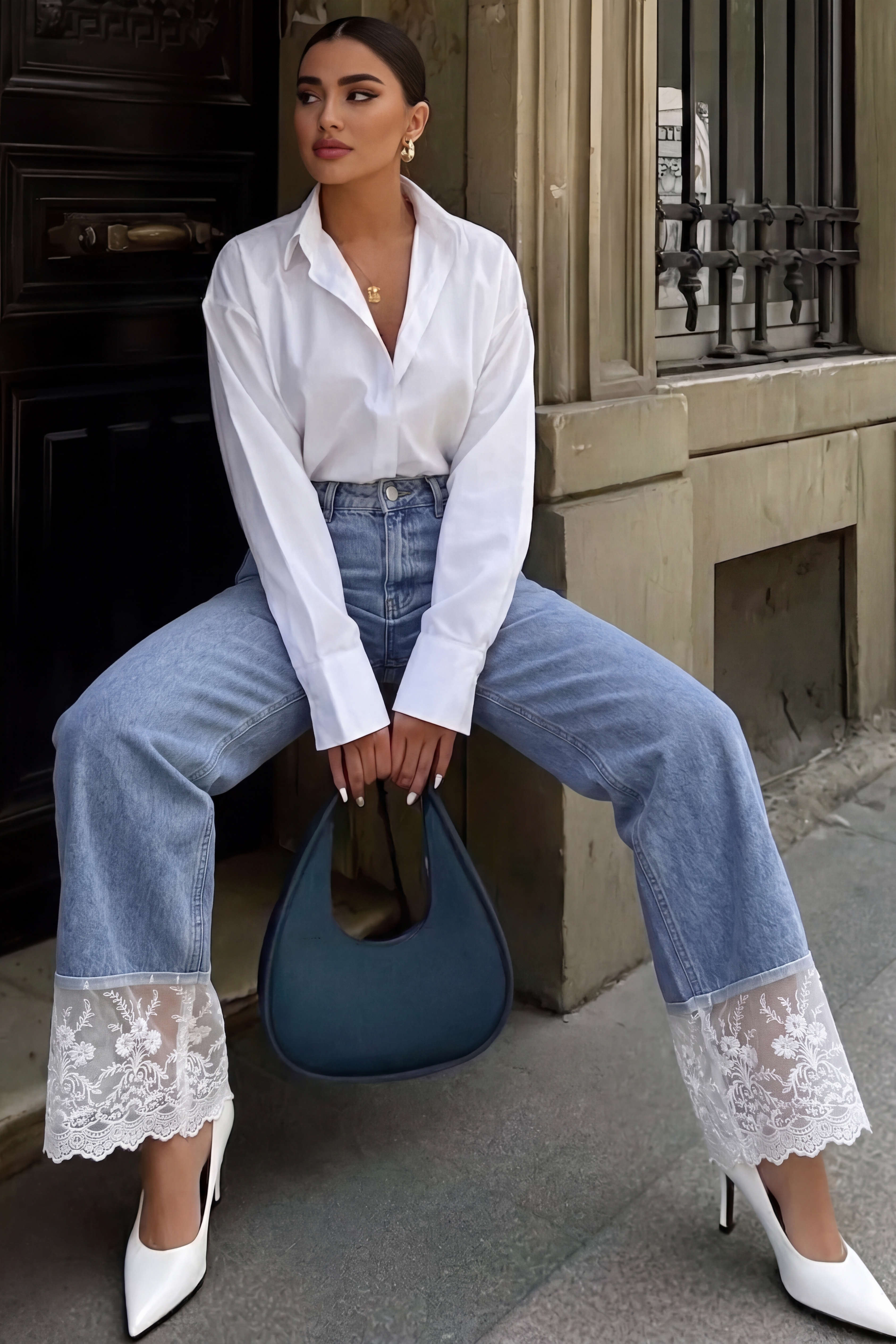Denim Patchwork Lace Trim Pocket Jeans