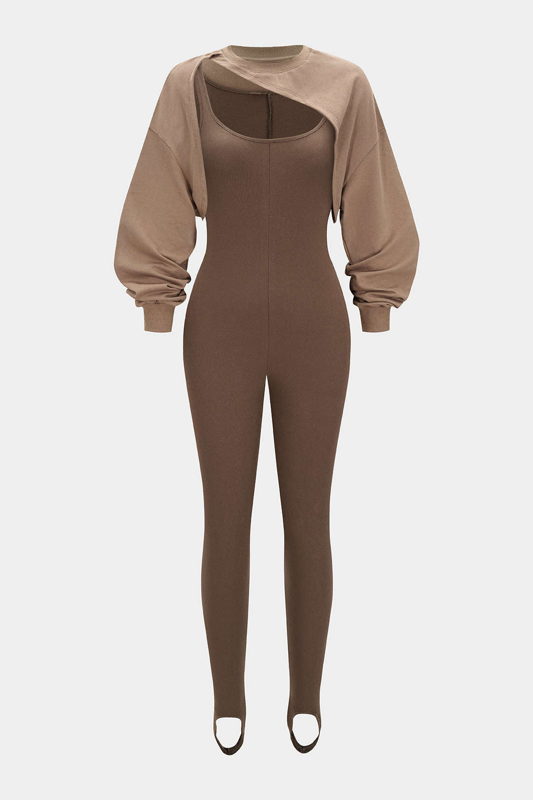 Contrast Round Neck Asymmetrical Long Sleeve Jumpsuit