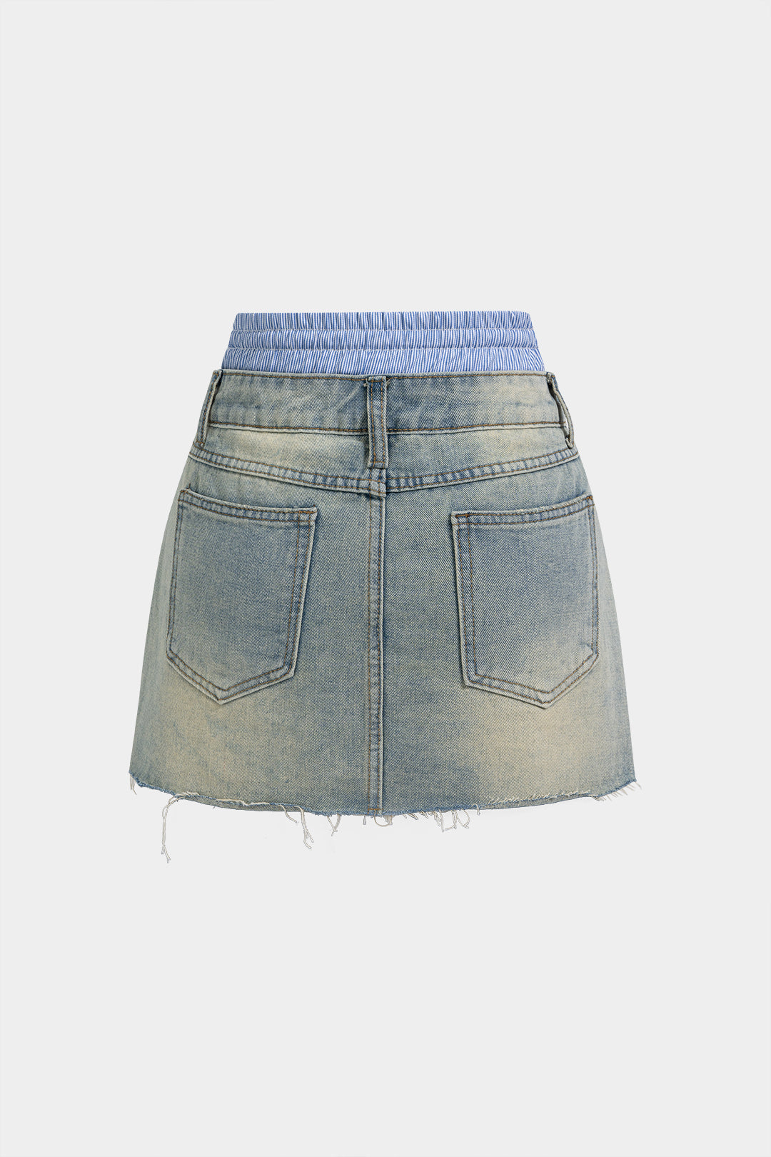 Denim Stripes Print Double Waistband Drawstring Frayed High Waist Skirt