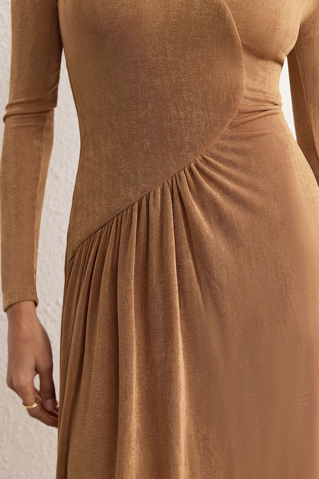 Asymmetrical Neck Long Sleeve Midi Dress