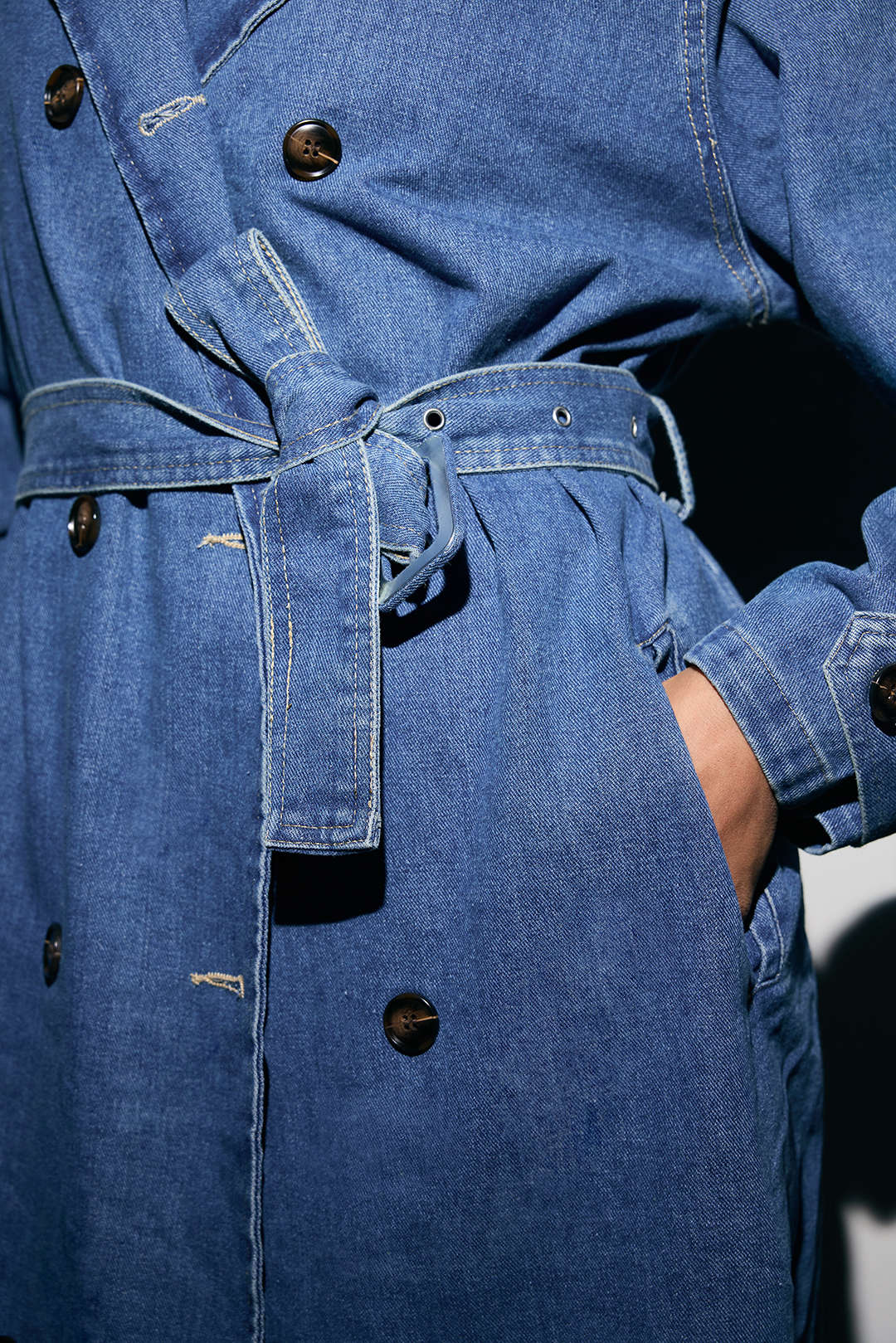 Denim Double-Breasted Belted Mid-Long Outerwear