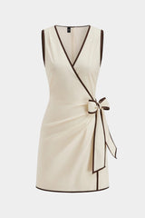 Contrast Binding Linen Asymmetrical Bow V-Neck Sleeveless Mini Dress