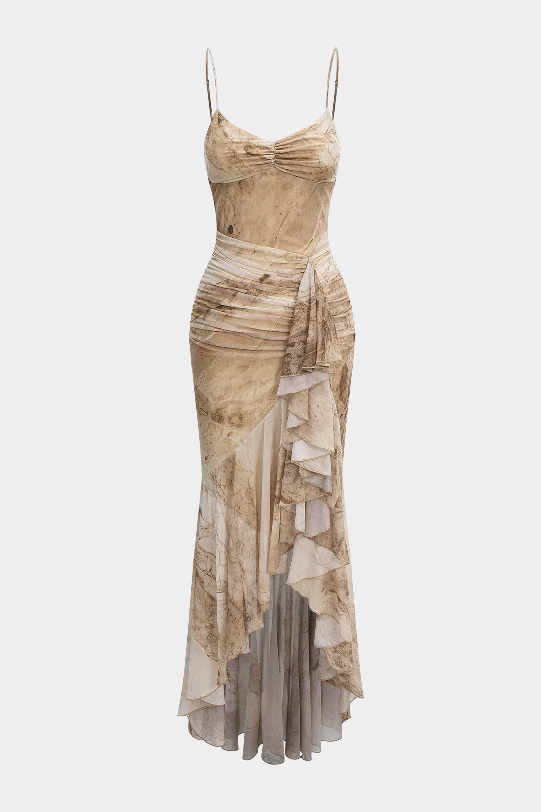 Abstract Print Asymmetrical Ruched Ruffle Hem Slip Sleeveless Maxi Dress