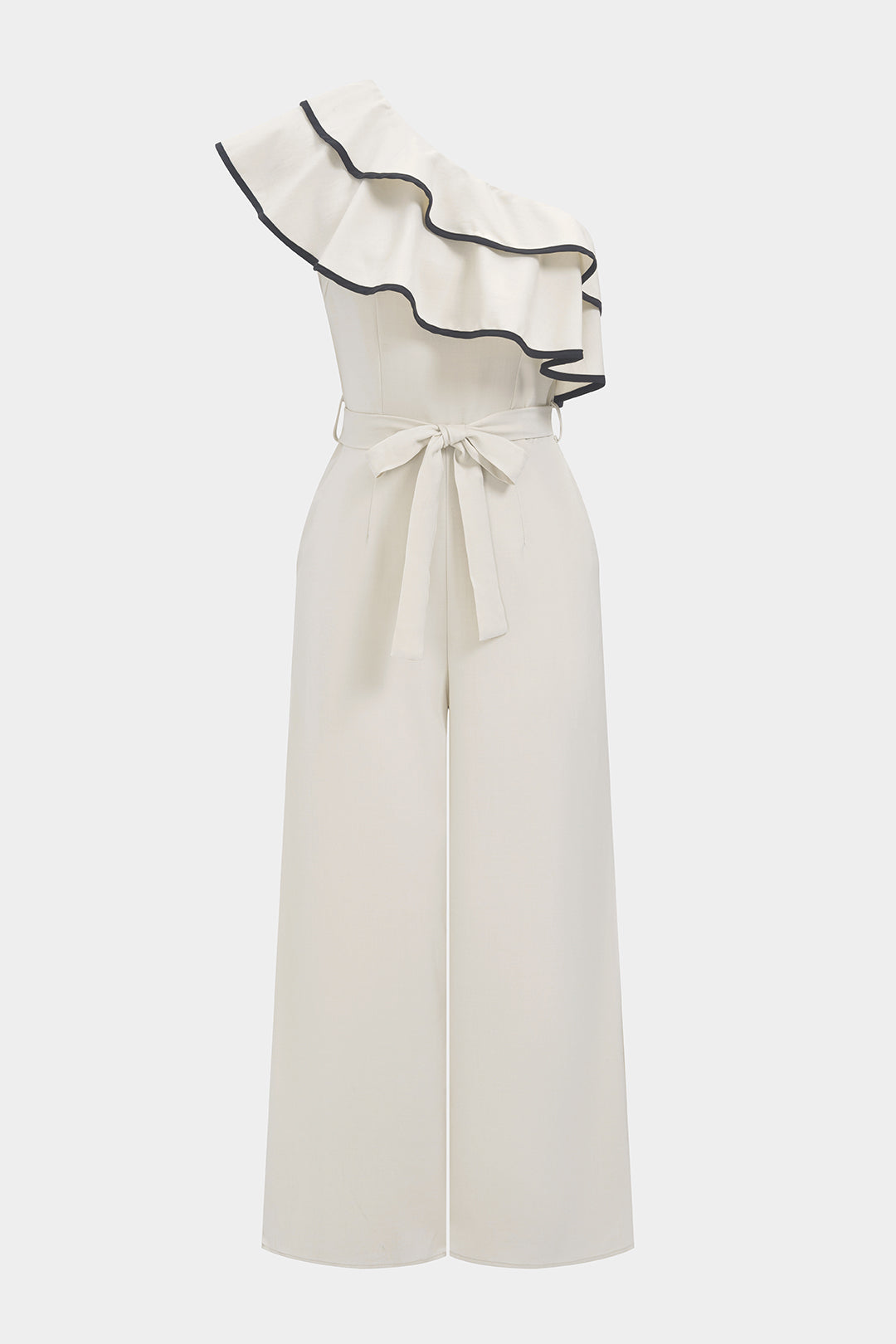 Contrast Binding One Shoulder Ruffle Belted Sleeveless Jumpsuit