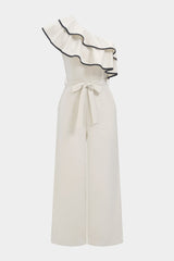 Contrast Binding One Shoulder Ruffle Belted Sleeveless Jumpsuit