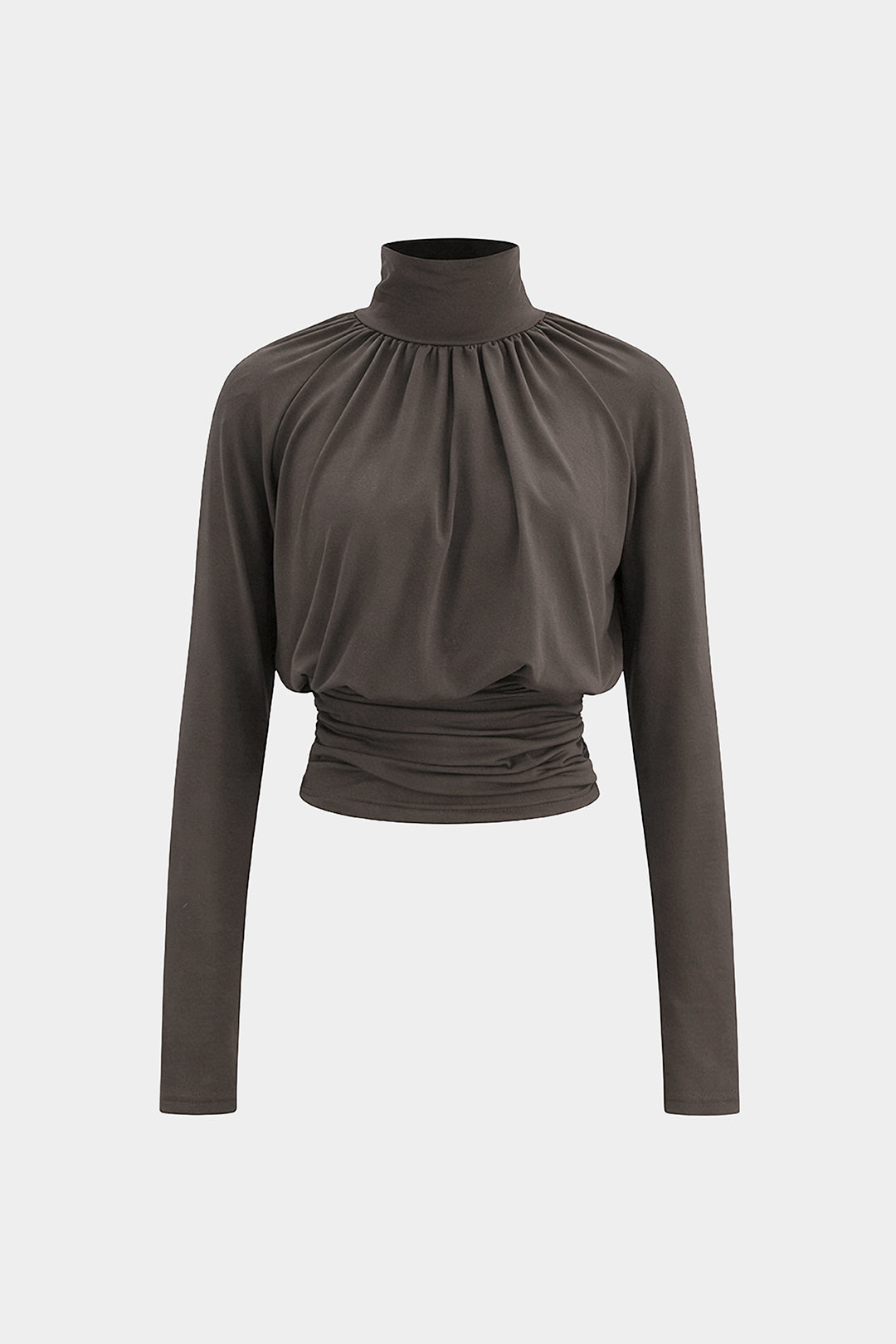 Basic Faux Leather High Collar Wrinkled Long Sleeve T-Shirt