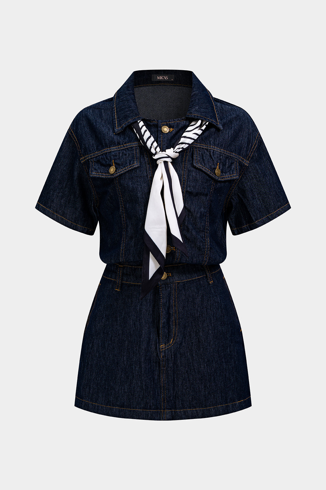 Denim Patchwork Satin Tie-Up Short Sleeve Mini Dress