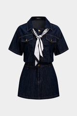 Denim Patchwork Satin Tie-Up Short Sleeve Mini Dress