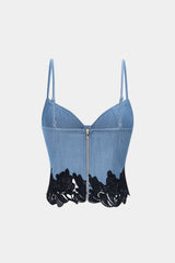 Denim Lace Trim Zipper Cami Top
