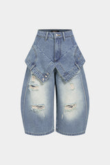Denim Double Waistband High Waist Frayed Shorts