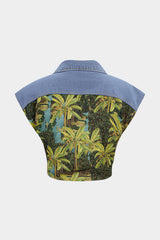 Denim Patchwork Coconut Palm Print Tie-Up Vest