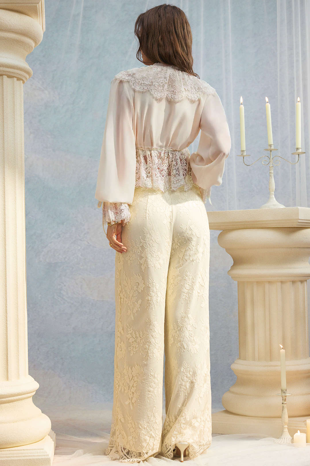 Chiffon Patchwork Lace Trim Drawstring Long Sleeve Shirt