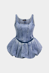 Denim Round Neck Ruffle Tank Top
