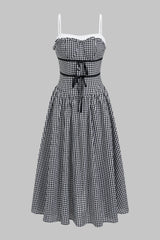 Contrast Plaid Print Tie Front Sleeveless Midi Dress