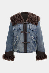 Denim Patchwork Faux Fur Pocket Outerwear