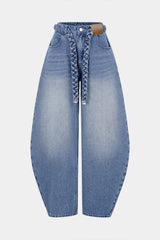 Denim Belted Pocket Wide Leg Jeans