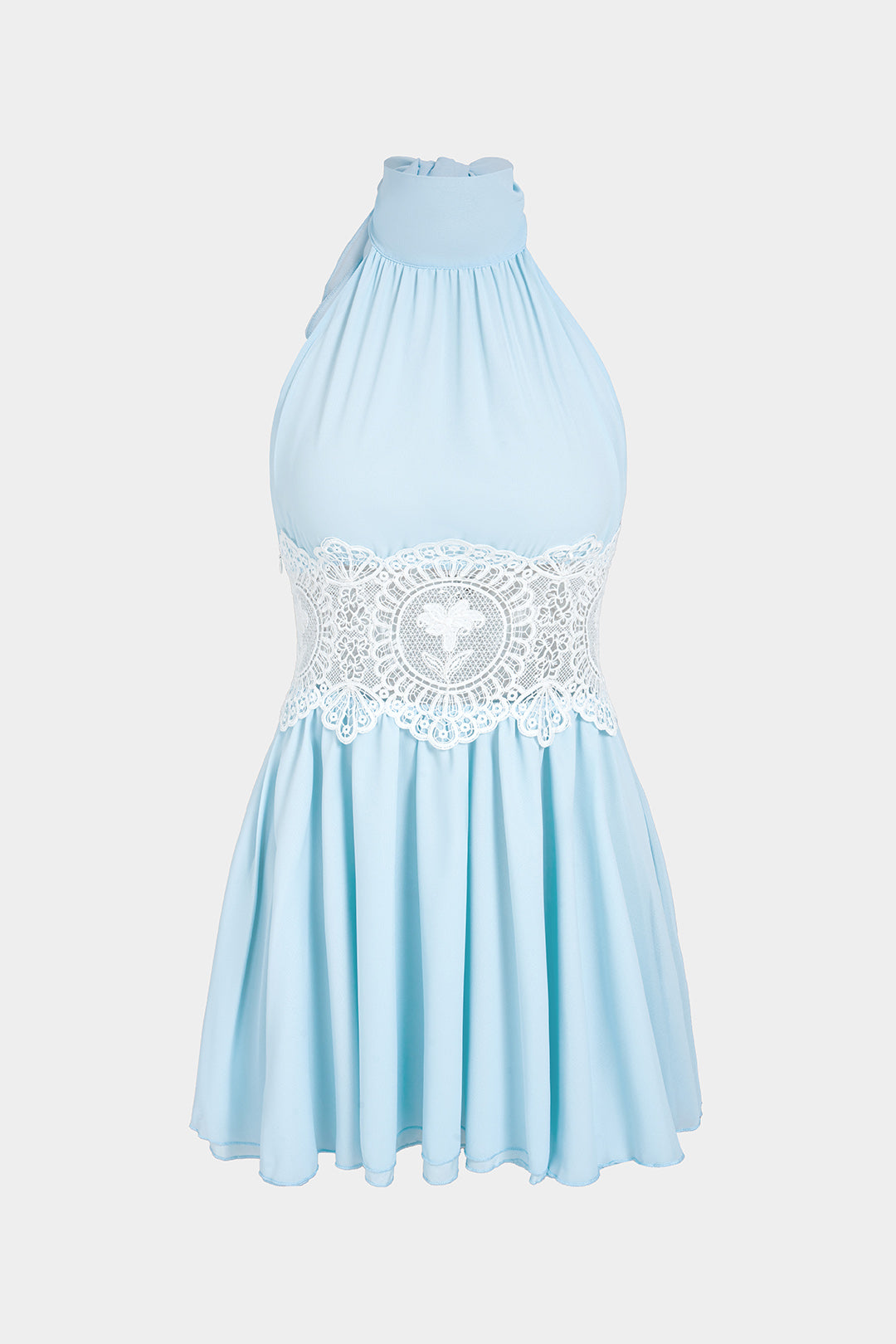 Chiffon Patchwork Lace Halter Neck Tie-Up Backless Cut Out Sleeveless Mini Dress