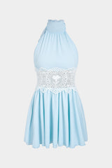 Chiffon Patchwork Lace Halter Neck Tie-Up Backless Cut Out Sleeveless Mini Dress