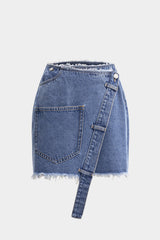 Denim Asymmetrical Pocket Frayed Skirt