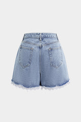 Denim Patchwork Lace Trim High Waist Wide Leg Shorts