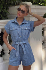 Denim Lapel Belted Pocket Short Sleeve Romper