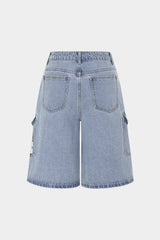 Denim Digital Letter Print Pocket High Waist Shorts