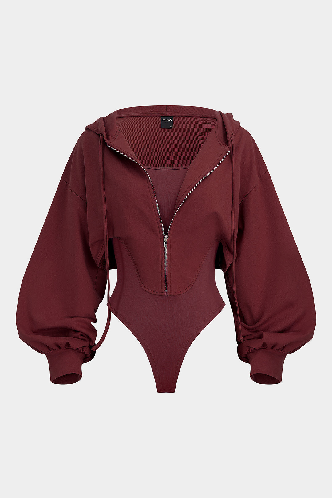 Contrast Hooded Zipper Drawstrings Long-Sleeve Bodysuit