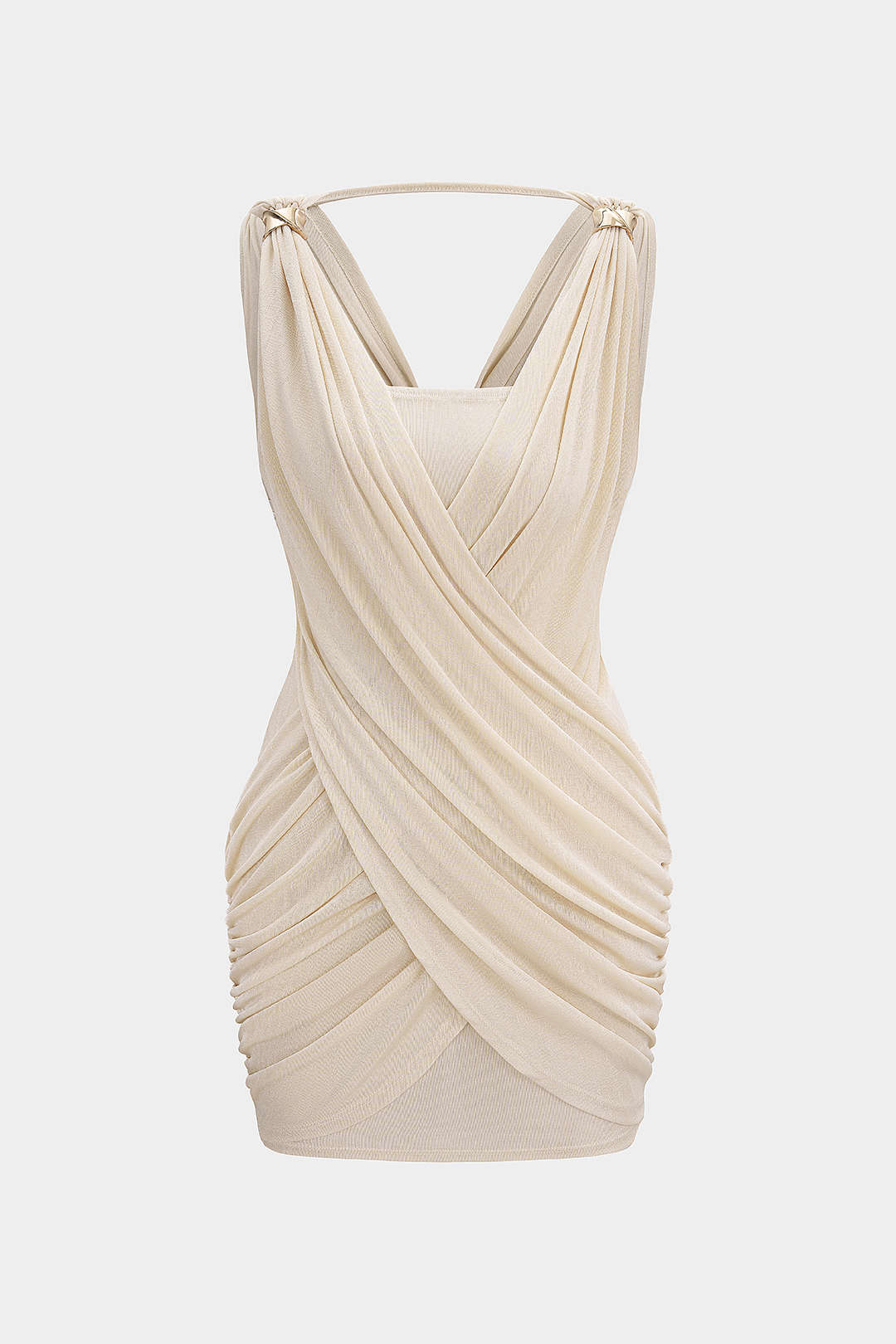 Crossed V-Neck Ruched Metallic Decor Sleeveless Mini Dress