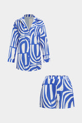 Abstract Print Lapel Long Sleeve Shirt And Shorts Set