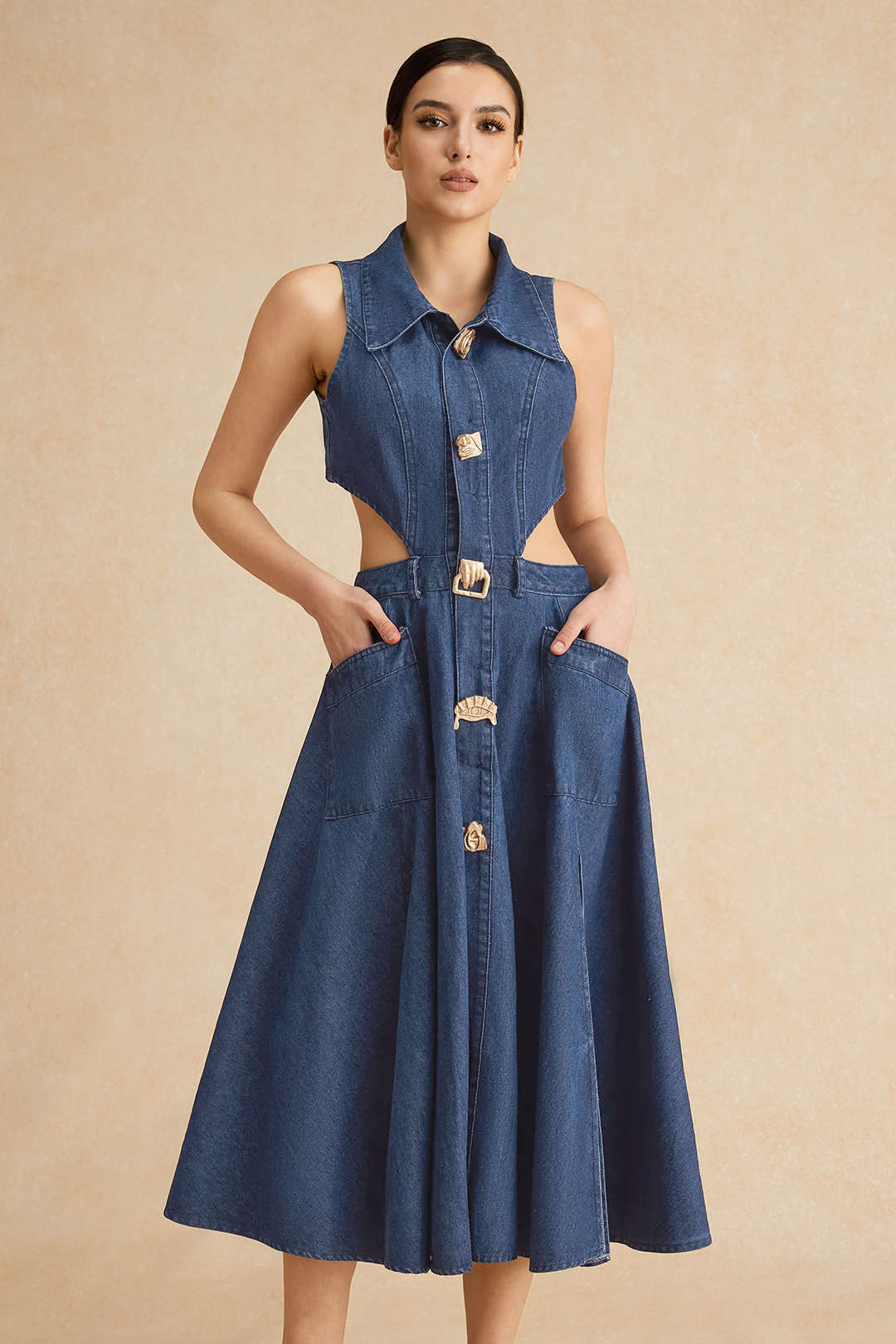 Denim Button Cut Out Midi Dress