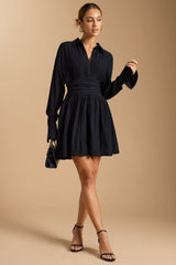 Button Ruched Long Sleeve Mini Dress