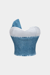 Denim Print Asymmetrical Twist Knot Strapless Tube Top