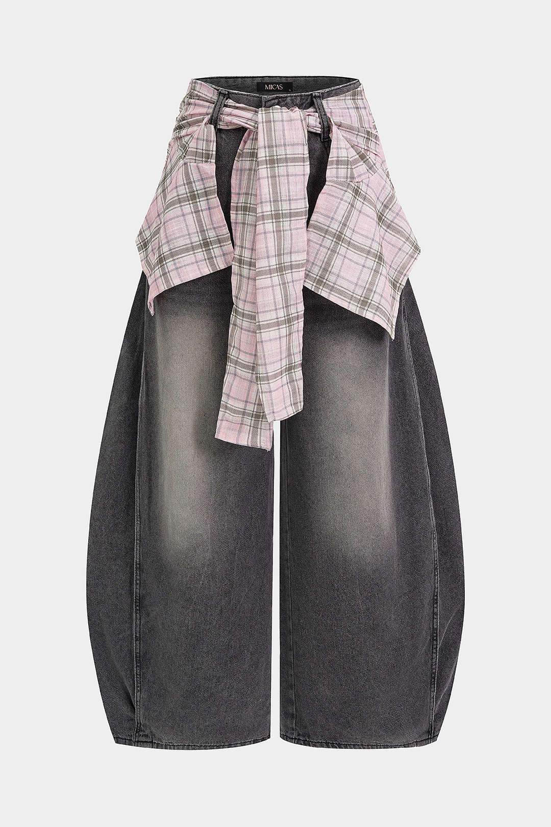 Denim Plaid Print Tie-Up Pocket High Waist Jeans