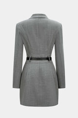 Asymmetrical Notched Lapel Belted Long Sleeve Mini Dress