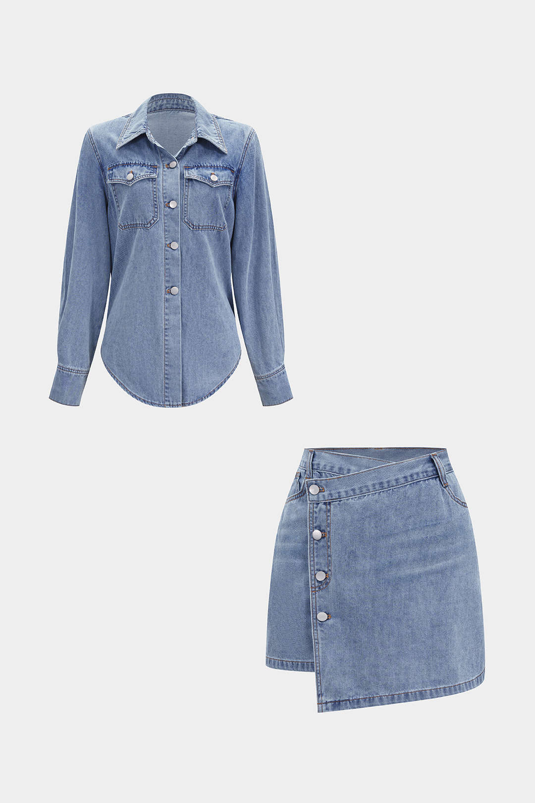 Denim Button Long-Sleeve Top And High Waist Mini Skirt Set