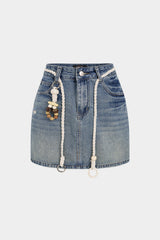 Denim Braided Belted High Waist A-Line Skirt