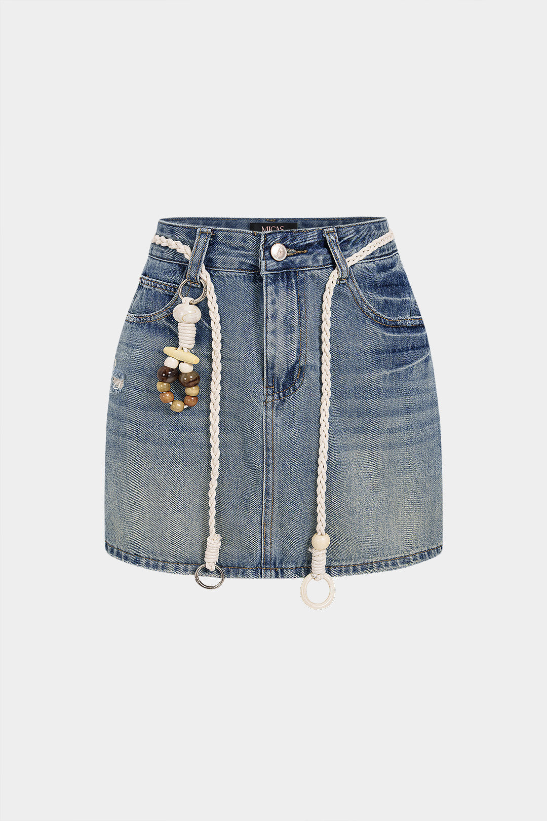 Denim Braided Belted High Waist A-Line Skirt