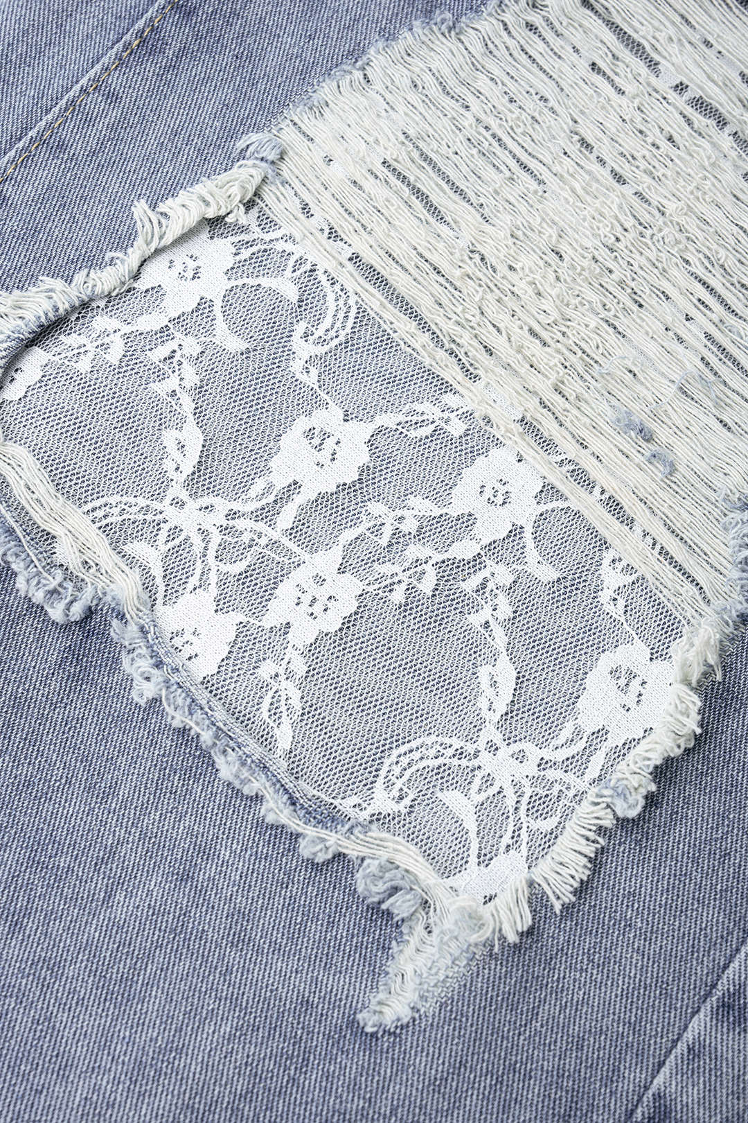 Denim Patchwork Lace Cut Out Frayed Wide Leg Jeans